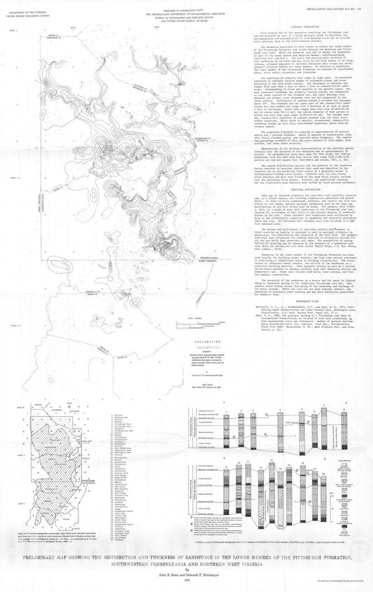 Map : Preliminary map showing the distribution and thickness of sandstone in the lower member of the Pittsburgh Formation, southwestern, 1973 Cartography Wall Art :