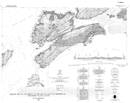 Map : Geologic map of the Cordova A-7 and A-8, B-6, B-7, and B-8 quadrangles, Hinchinbrook Island, Alaska, 1973 Cartography Wall Art :