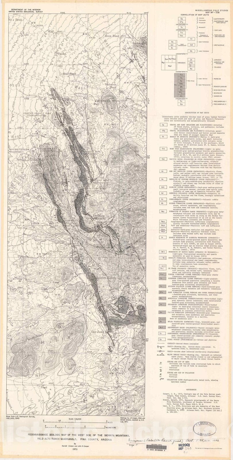 Map : Reconnaissance geologic map of the west side of the Sierrita Mountains, Palo Alto Ranch quadrangle, Pima County, Arizona, 1973 Cartography Wall Art :