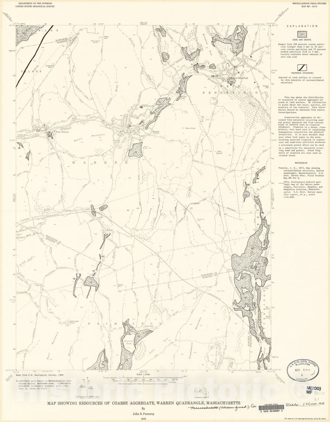 Map : Map showing resources of coarse aggregate, Warren quadrangle, Massachusetts, 1973 Cartography Wall Art :