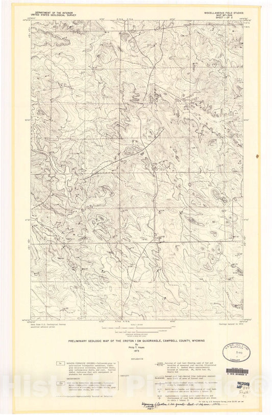 Map : Preliminary geologic map of the Croton one SW quadrangle, Campbell County, Wyoming, one973 Cartography Wall Art :