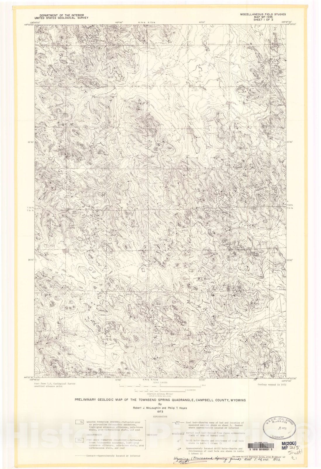 Map : Preliminary geologic map of the Townsend Spring quadrangle, Campbell County, Wyoming, 1973 Cartography Wall Art :