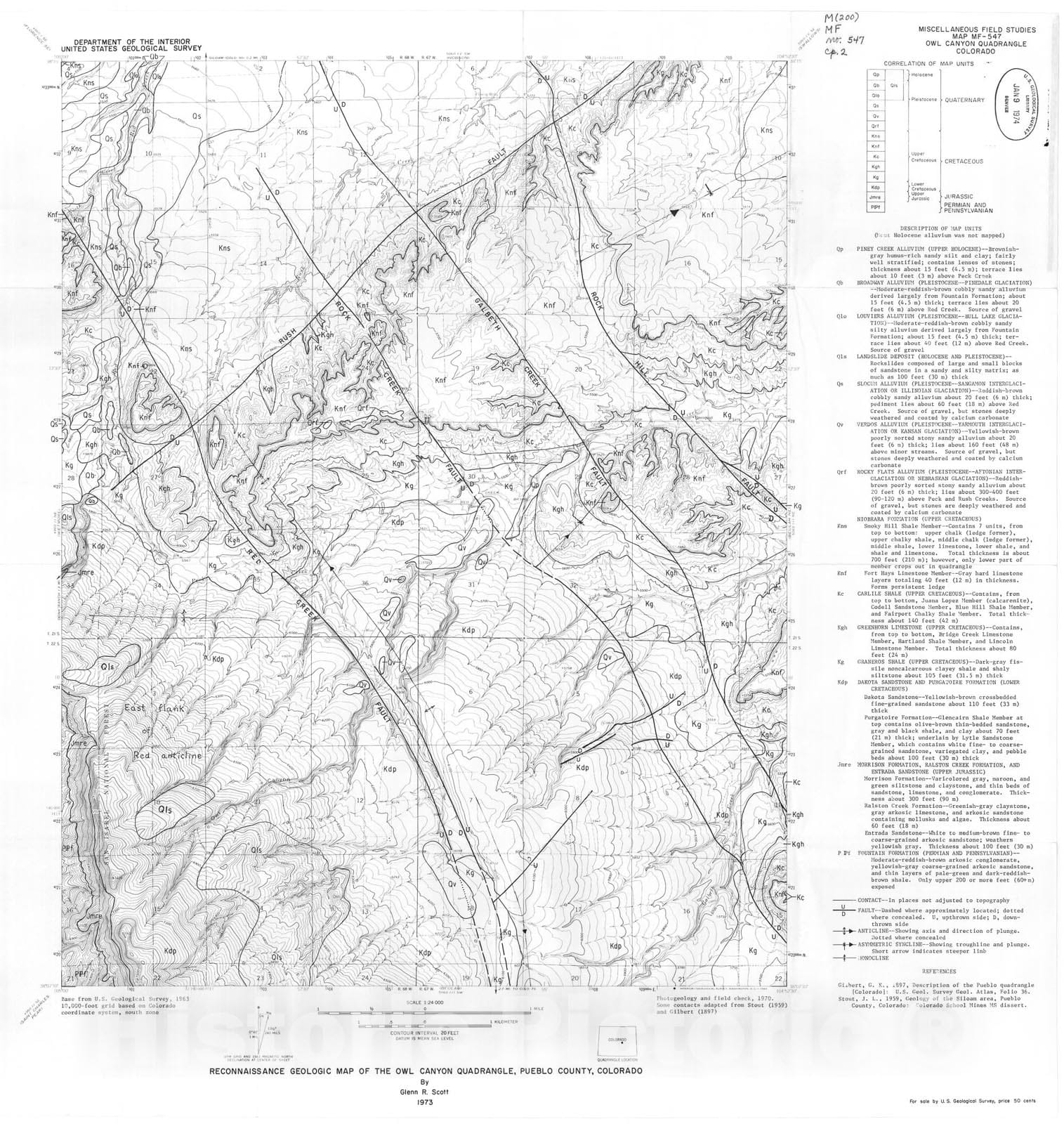 Map : Reconnaissance geologic map of the Owl Canyon quadrangle, Pueblo County, Colorado, 1973 Cartography Wall Art :