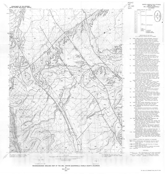 Map : Reconnaissance geologic map of the Owl Canyon quadrangle, Pueblo County, Colorado, 1973 Cartography Wall Art :