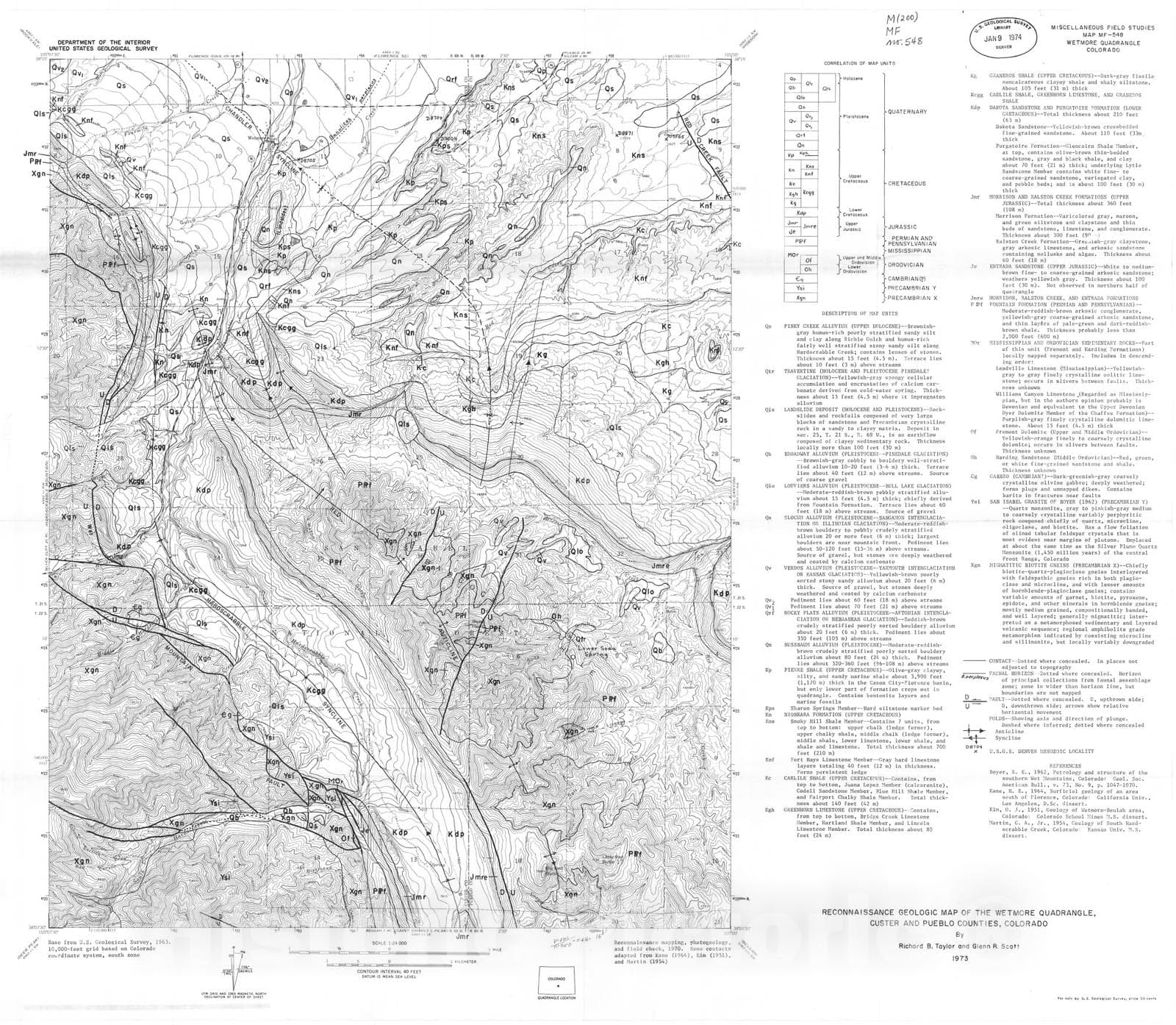 Map : Reconnaissance geologic map of the Wetmore quadrangle, Custer and Pueblo Counties, Colorado, 1973 Cartography Wall Art :