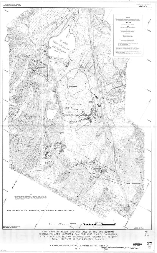 Map : Map showing faults and ruptures of the Van Norman reservoirs area, northern San Fernando Valley, California, with a vertical secti, 1973 Cartography Wall Art :