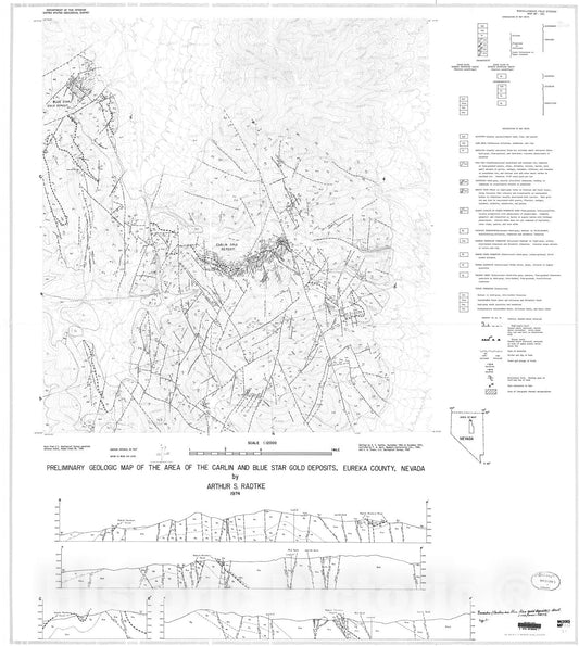 Map : Preliminary geologic map of the area of the Carlin and Blue Star gold deposits, Eureka County, Nevada, 1974 Cartography Wall Art :