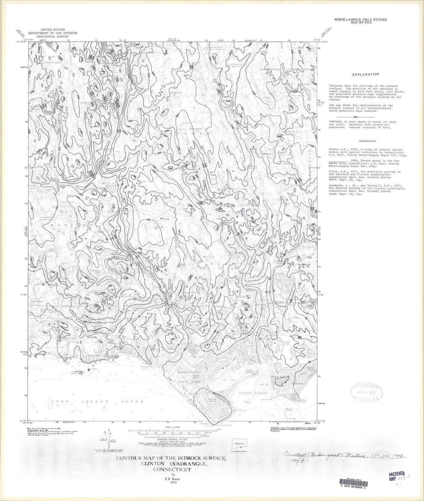 Map : Contour map of the bedrock surface, Clinton quadrangle, Connecticut, 1974 Cartography Wall Art :