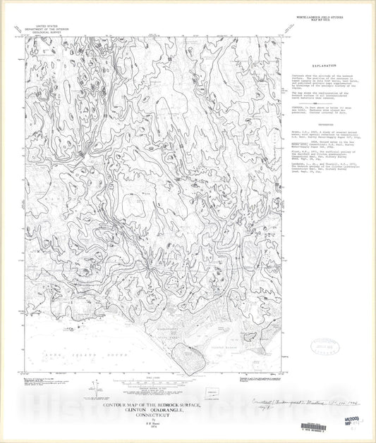 Map : Contour map of the bedrock surface, Clinton quadrangle, Connecticut, 1974 Cartography Wall Art :