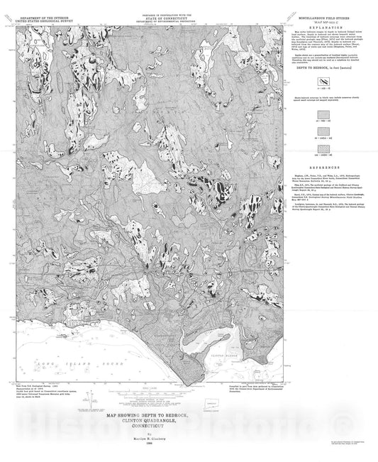 Map : Map showing depth to bedrock, Clinton quadrangle, Connecticut, 1984 Cartography Wall Art :