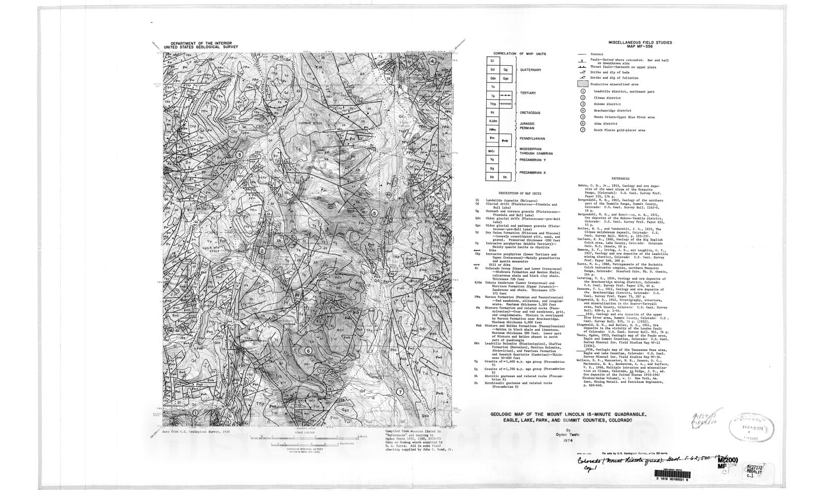 Map : Geologic map of the Mount Lincoln 15-minute quadrangle, Eagle, Lake, Park, and Summit Counties, Colorado, 1974 Cartography Wall Art :
