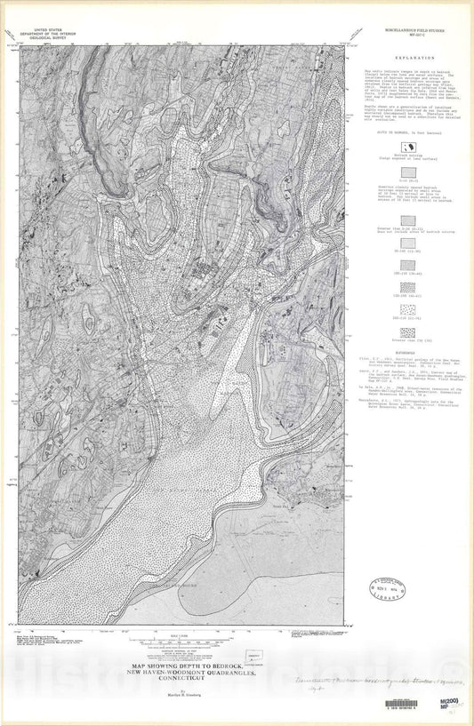 Map : Map showing depth to bedrock, New Haven-Woodmont quadrangles, Connecticut, 1976 Cartography Wall Art :