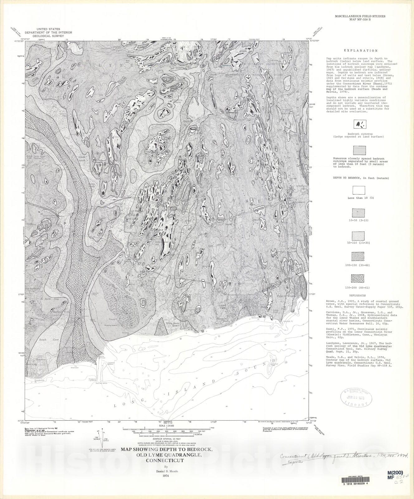 Map : Map showing depth to bedrock, Old Lyme quadrangle, Connecticut, 1974 Cartography Wall Art :