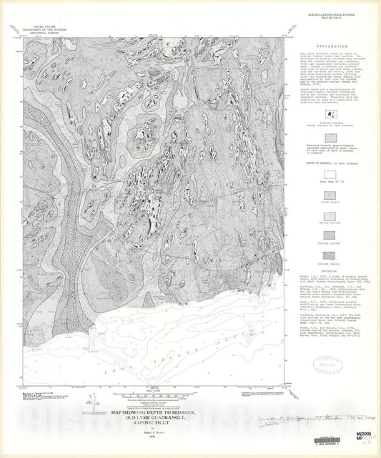 Map : Map showing depth to bedrock, Old Lyme quadrangle, Connecticut, 1974 Cartography Wall Art :