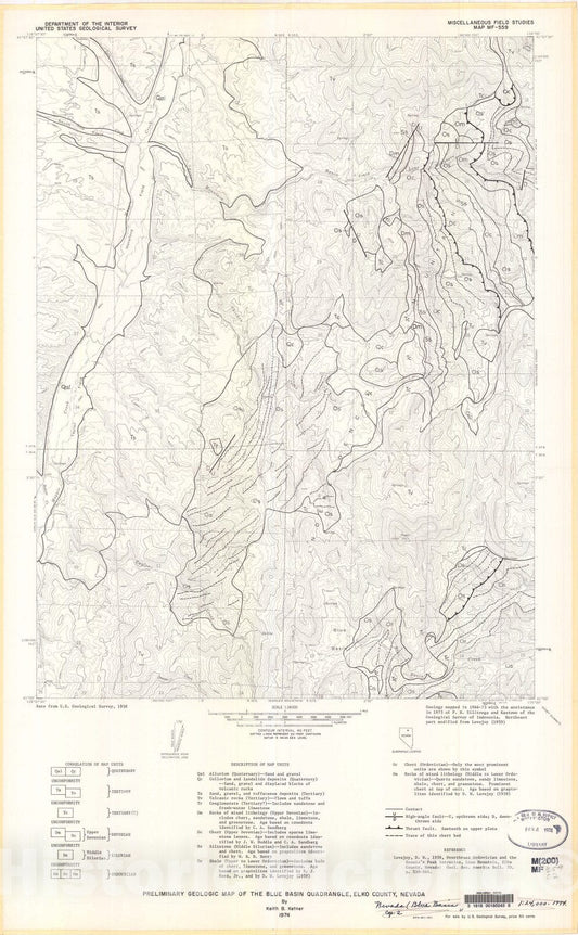 Map : Preliminary geologic map of the Blue Basin quadrangle, Elko County, Nevada, 1974 Cartography Wall Art :