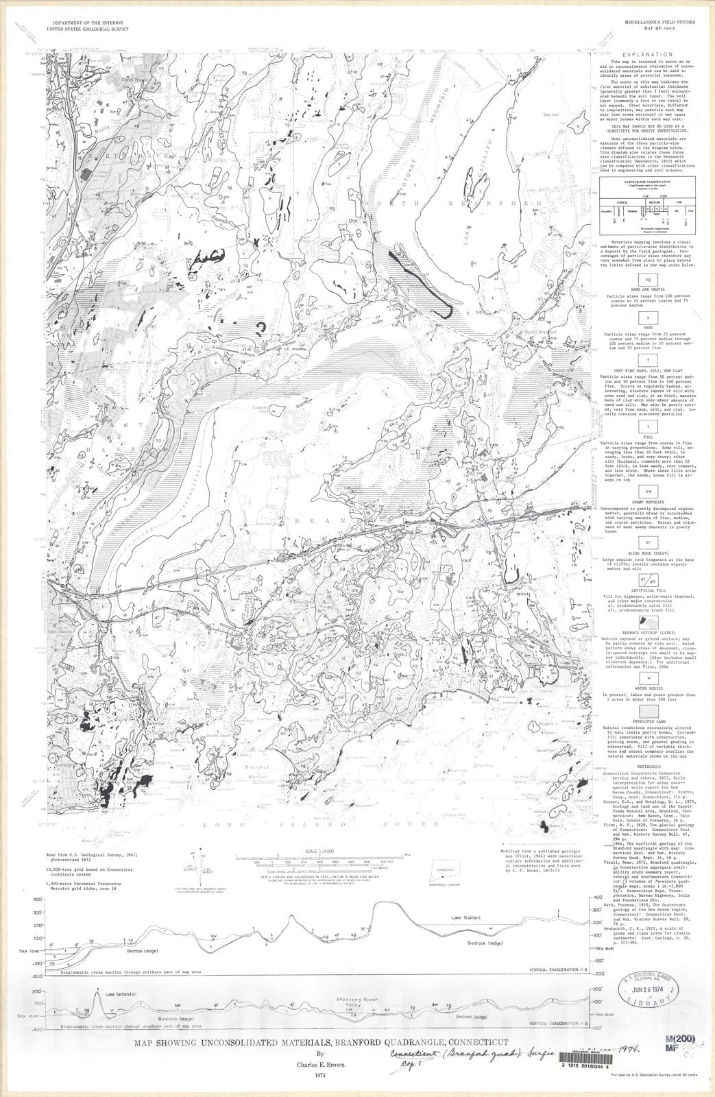 Map : Map showing unconsolidated materials, Branford quadrangle, Connecticut, 1974 Cartography Wall Art :