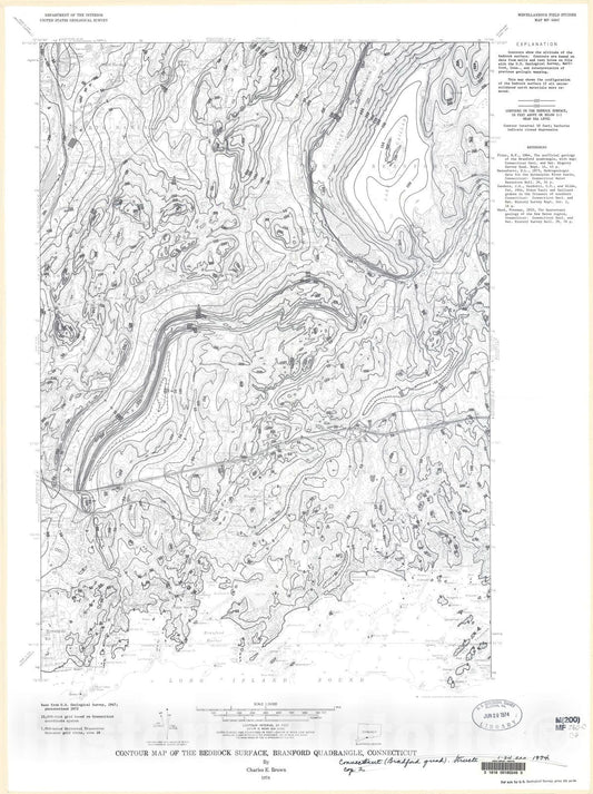Map : Contour map of the bedrock surface, Branford quadrangle, Connecticut, 1974 Cartography Wall Art :