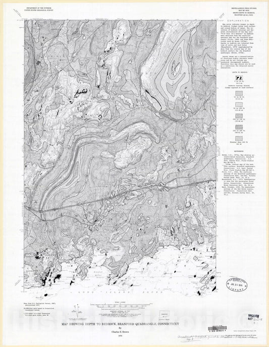 Map : Map showing depth to bedrock, Branford quadrangle, Connecticut, 1976 Cartography Wall Art :
