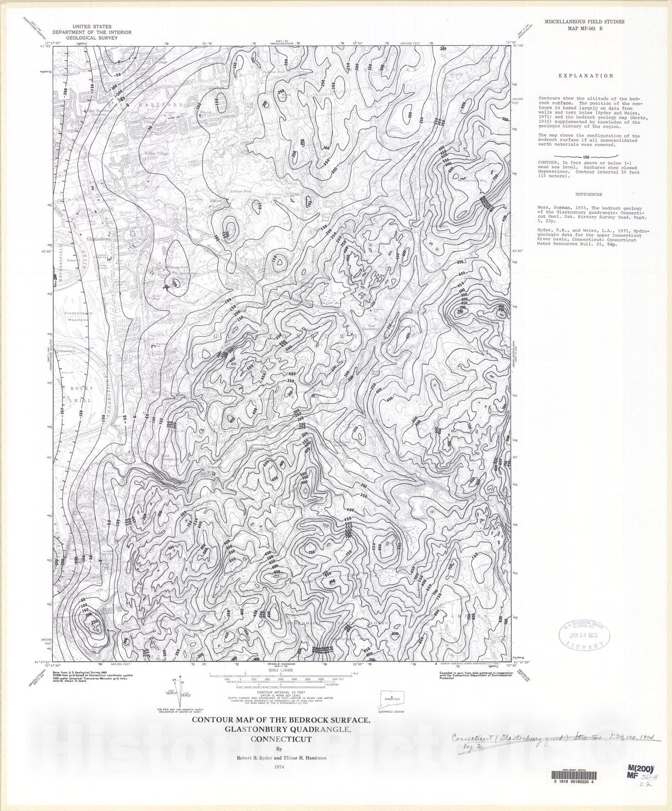 Map : Contour map of the bedrock surface, Glastonbury quadrangle, Connecticut, 1974 Cartography Wall Art :