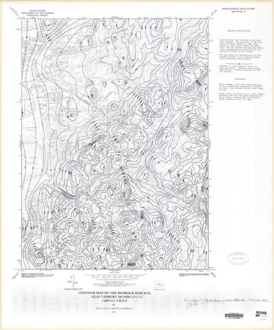 Map : Contour map of the bedrock surface, Glastonbury quadrangle, Connecticut, 1974 Cartography Wall Art :