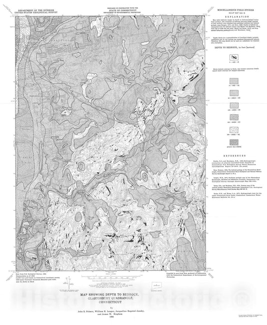 Map : Map showing depth to bedrock, Glastonbury quadrangle, Connecticut, 1984 Cartography Wall Art :