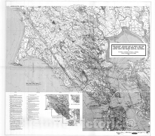 Map : Preliminary geologic map of Marin and San Francisco Counties, and parts of Alameda, Contra Costa, and Sonoma Counties, California, 1974 Cartography Wall Art :