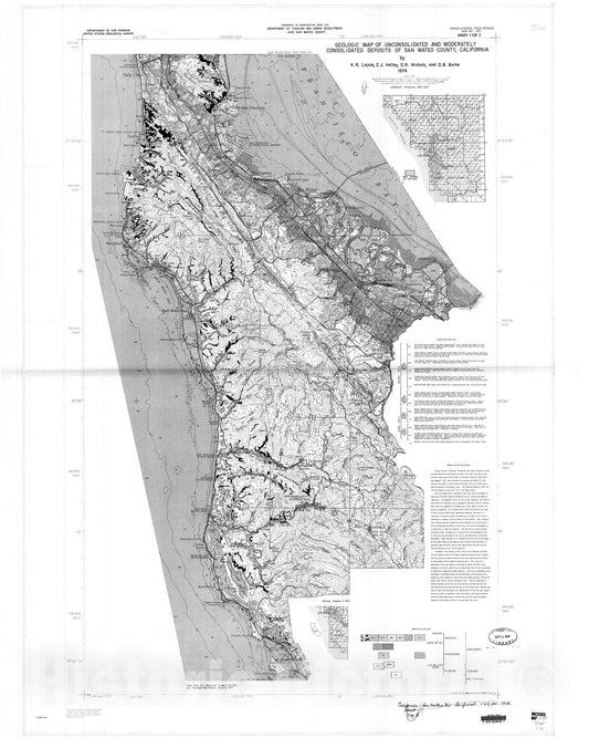 Map : Geologic map of unconsolidated and moderately consolidated deposits of San Mateo County, California, 1974 Cartography Wall Art :