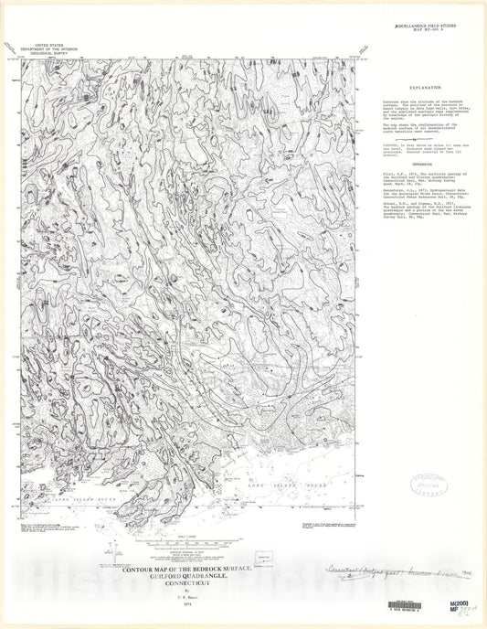 Map : Contour map of the bedrock surface, Guilford quadrangle, Connecticut, 1974 Cartography Wall Art :