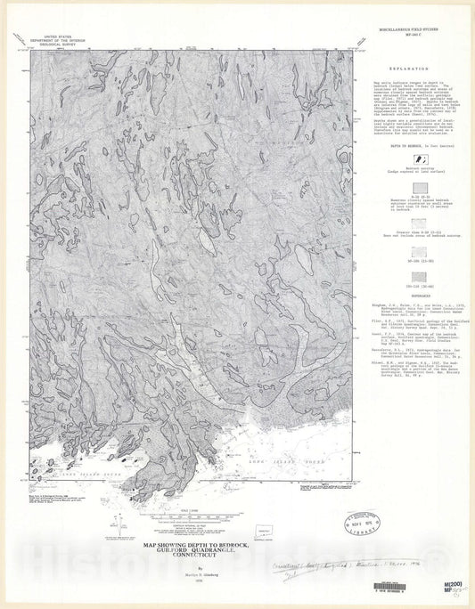 Map : Map showing depth to bedrock, Guilford quadrangle, Connecticut, 1976 Cartography Wall Art :