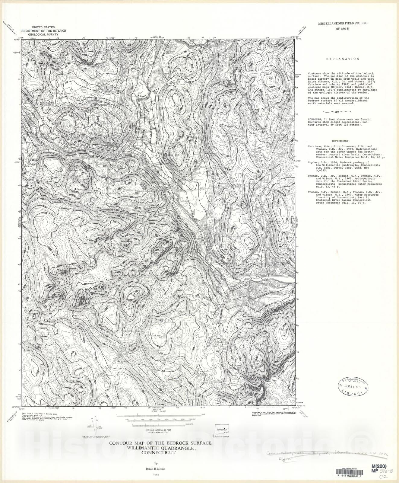 Map : Contour map of the bedrock surface, Willimantic quadrangle, Connecticut, 1976 Cartography Wall Art :