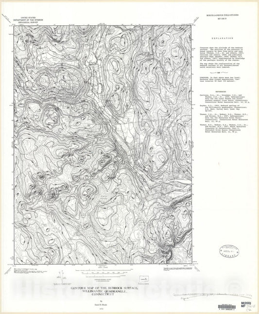 Map : Contour map of the bedrock surface, Willimantic quadrangle, Connecticut, 1976 Cartography Wall Art :