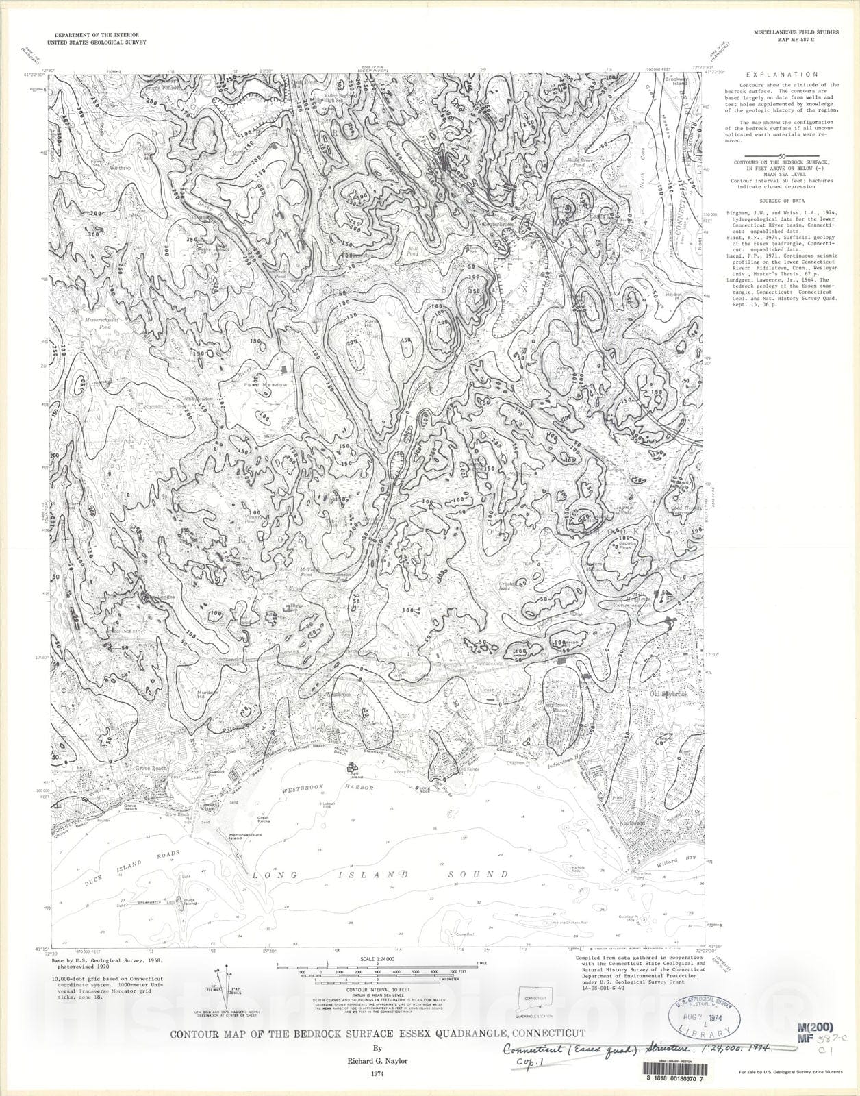 Map : Contour map of the bedrock surface, Essex quadrangle, Connecticut, 1974 Cartography Wall Art :