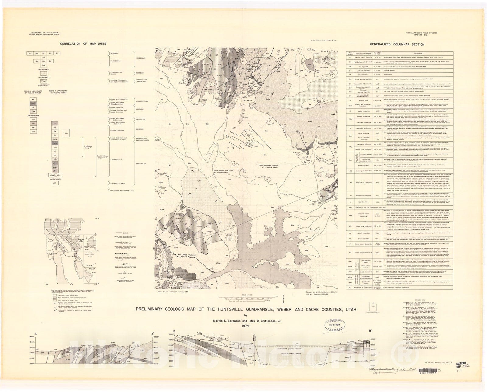 Map : Preliminary geologic map of the Huntsville quadrangle, Weber and Cache Counties, Utah, 1974 Cartography Wall Art :