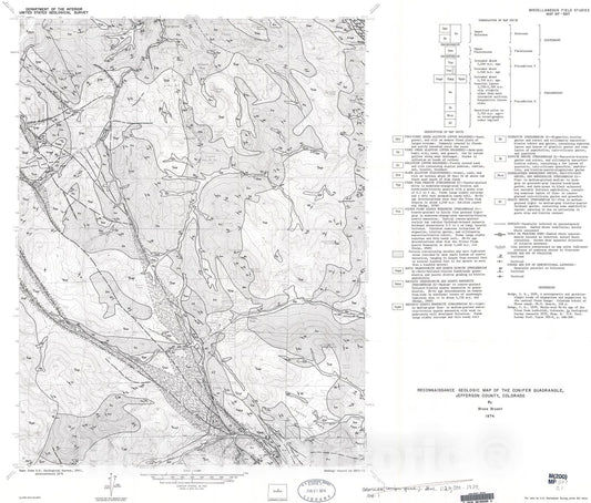 Map : Reconnaissance geologic map of the Conifer quadrangle, Jefferson County, Colorado, 1974 Cartography Wall Art :