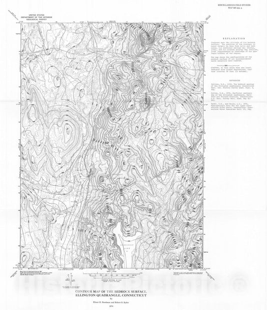 Map : Contour map of the bedrock surface, Ellington quadrangle, Connecticut, 1974 Cartography Wall Art :