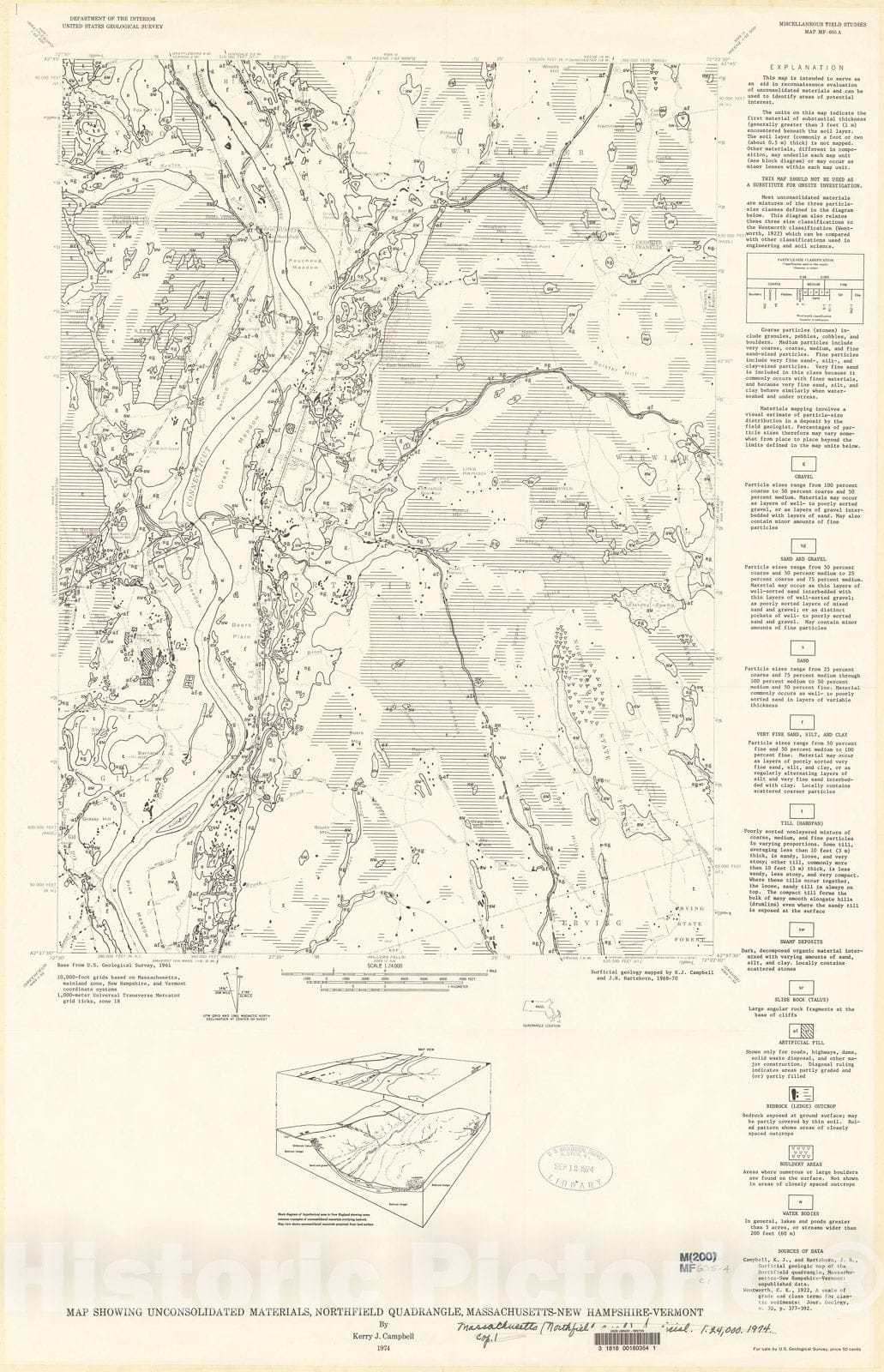 Map : Map showing unconsolidated materials, Northfield quadrangle, Massachusetts-New Hampshire-Vermont, 1974 Cartography Wall Art :