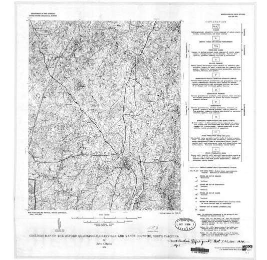 Map : Geologic map of the Oxford quadrangle, Granville and Vance Counties, North Carolina, 1974 Cartography Wall Art :