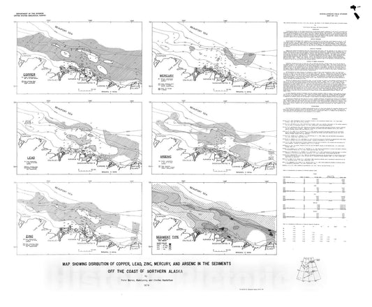 Map : Map showing distribution of copper, lead, zinc, mercury, and arsenic in the sediments off the coast of northern Alaska, 1974 Cartography Wall Art :