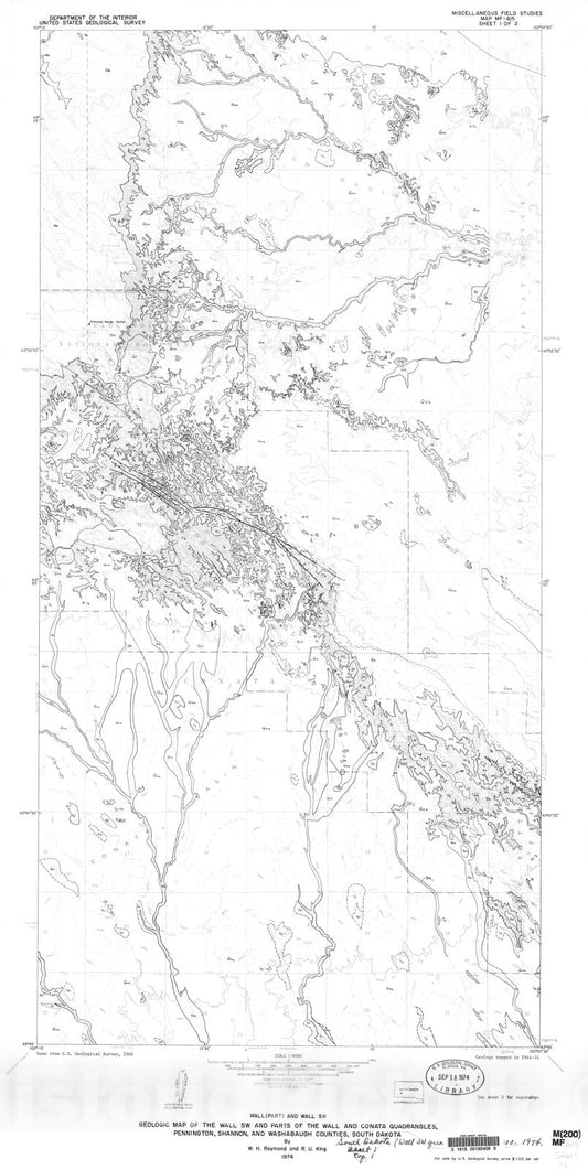 Map : Geologic map of the Wall SW and parts of the Wall and Conata quadrangles, Pennington, Shannon, and Washabaugh Counties, South Dakota, 1974 Cartography Wall Art :