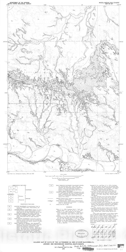 Map : Geologic map of parts of the Cottonwood SW and Interior quadrangles, Jackson and Washabaugh Counties, South Dakota, 1974 Cartography Wall Art :
