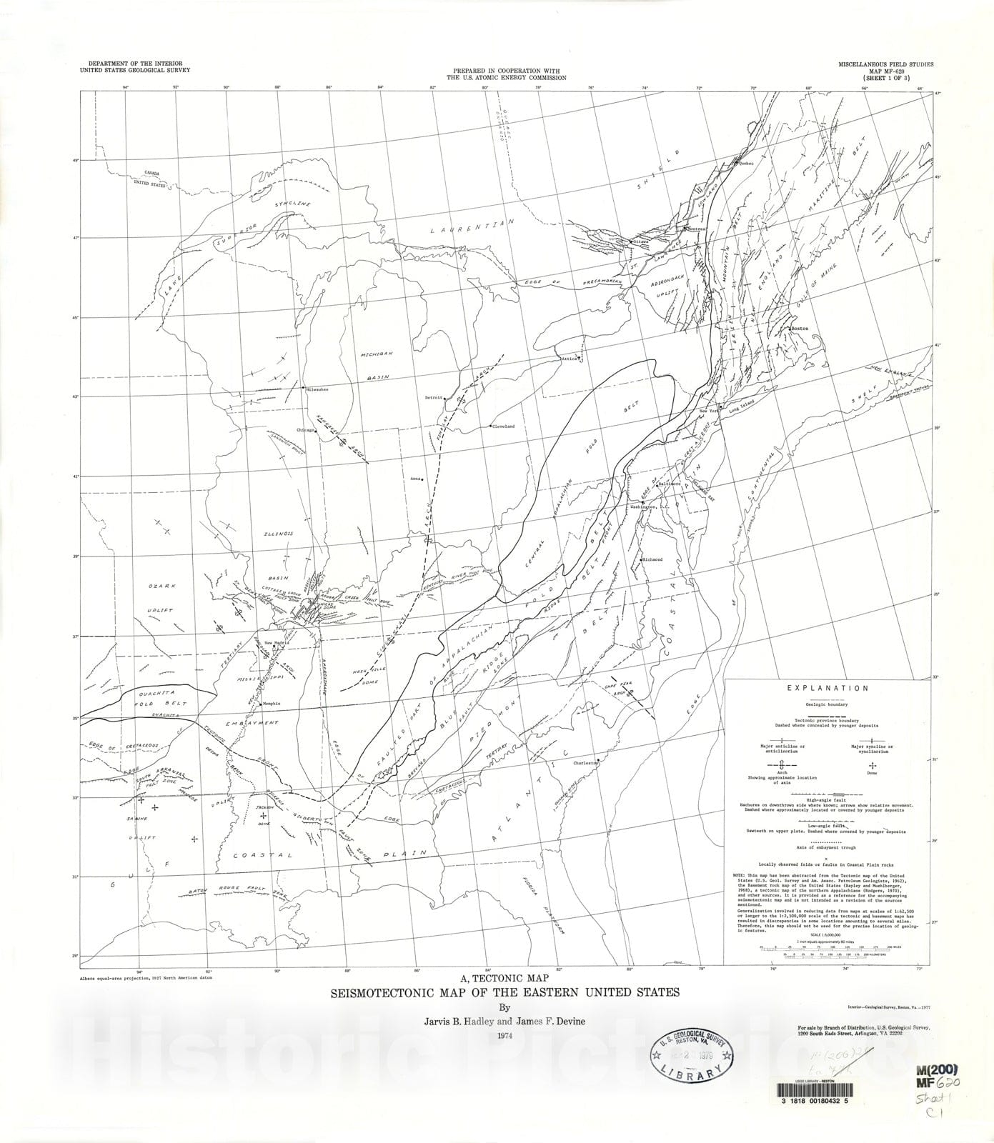 Map : Seismotectonic map of the eastern United States, 1974 Cartography Wall Art :
