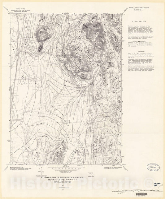 Map : Contour map of the bedrock surface, Mount Toby quadrangle, Massachusetts, 1974 Cartography Wall Art :