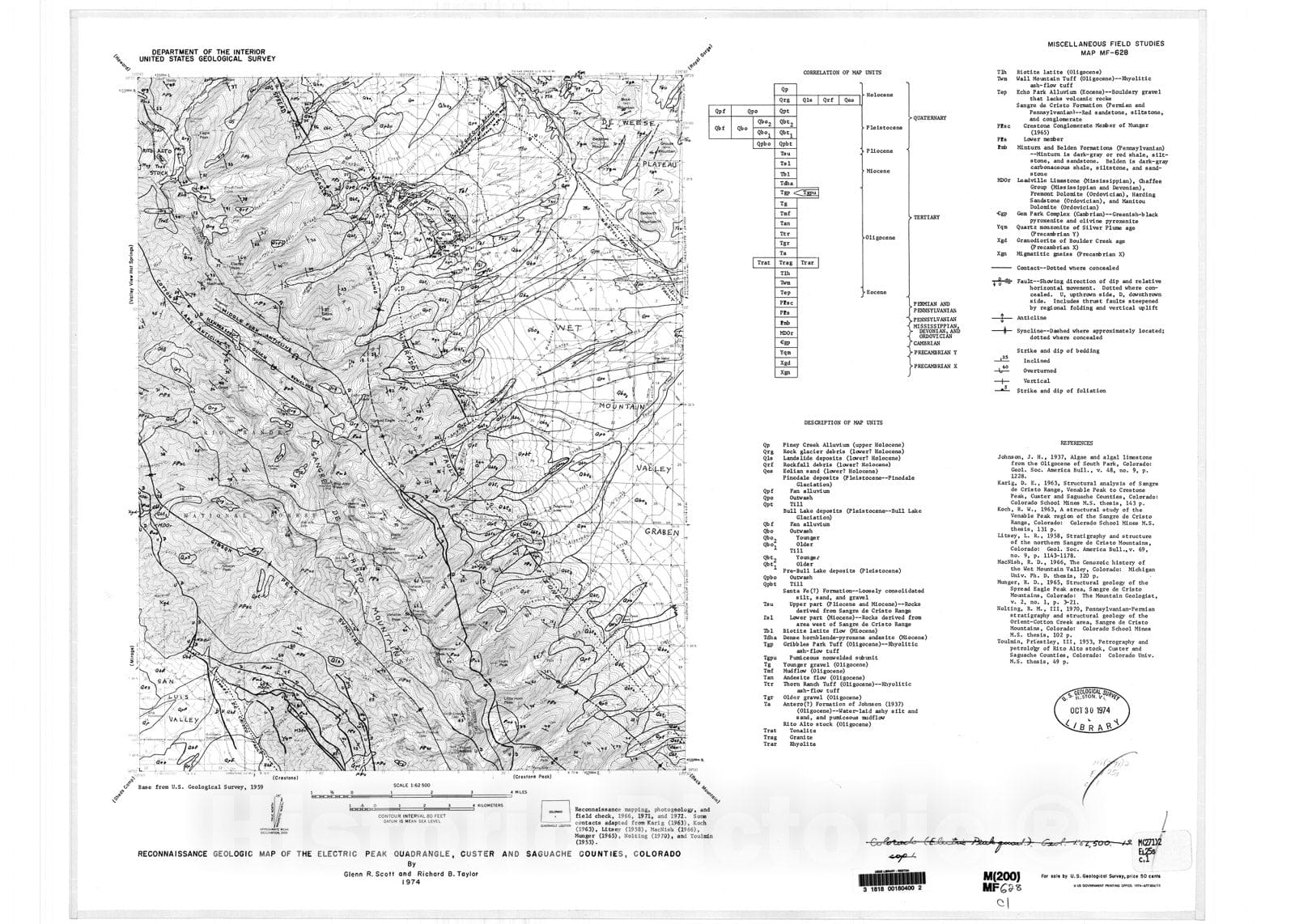 Map : Reconnaissance geologic map of the Electric Peak quadrangle, Custer and Saguache Counties, Colorado, 1974 Cartography Wall Art :