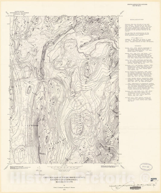Map : Contour map of the bedrock surface, Greenfield quadrangle, Massachusetts, 1974 Cartography Wall Art :