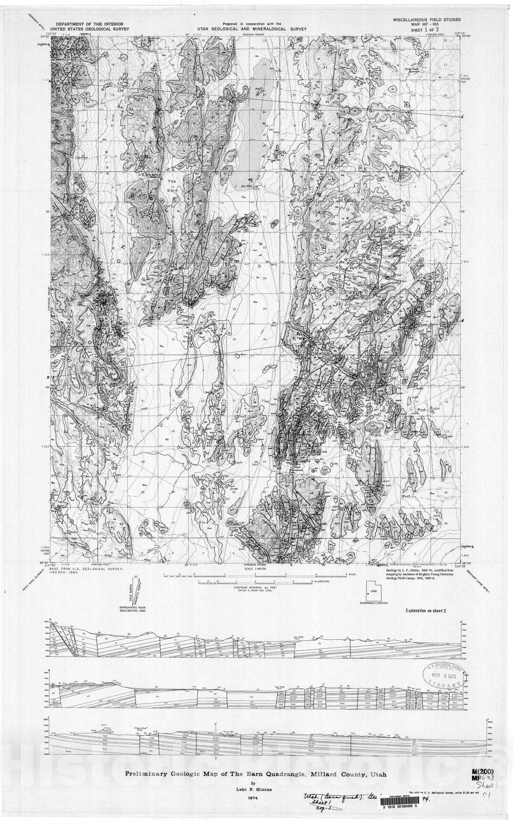 Map : Preliminary geologic map of the Barn quadrangle, Millard County, Utah, 1974 Cartography Wall Art :