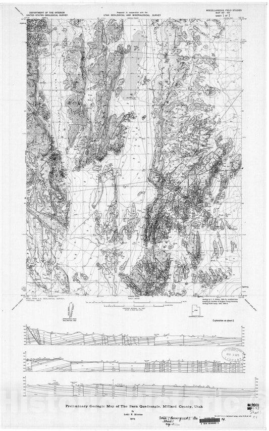 Map : Preliminary geologic map of the Barn quadrangle, Millard County, Utah, 1974 Cartography Wall Art :