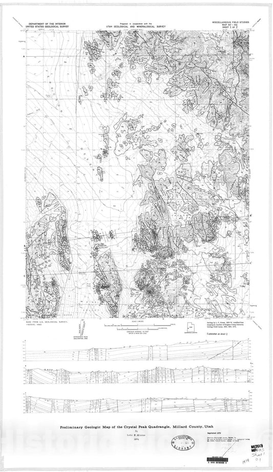Map : Preliminary geologic map of the Crystal Peak quadrangle, Millard County, Utah, 1974 Cartography Wall Art :