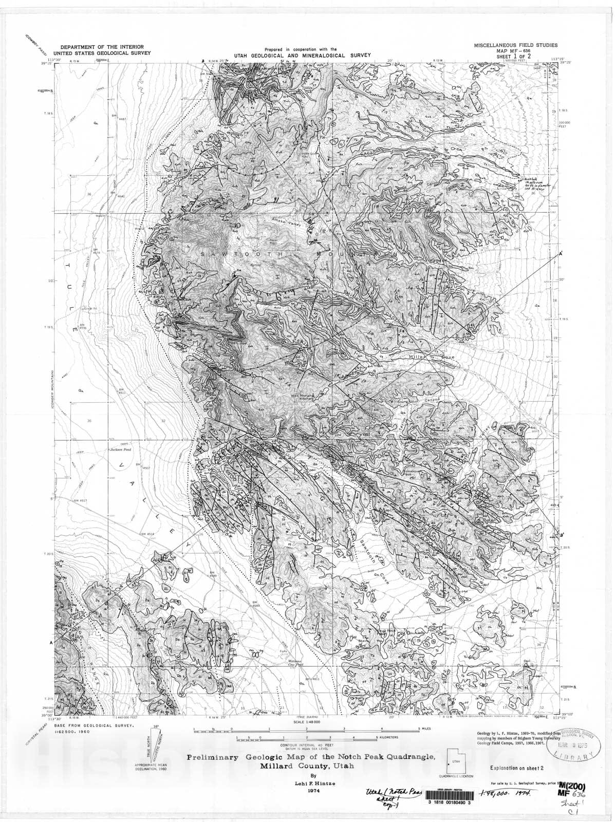 Map : Preliminary geologic map of the Notch Peak quadrangle, Millard County, Utah, 1974 Cartography Wall Art :