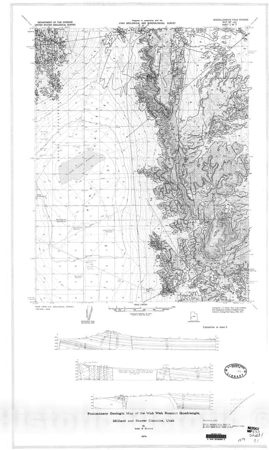 Map : Preliminary geologic map of the Wah Wah Summit quadrangle, Millard and Beaver Counties, Utah, 1974 Cartography Wall Art :