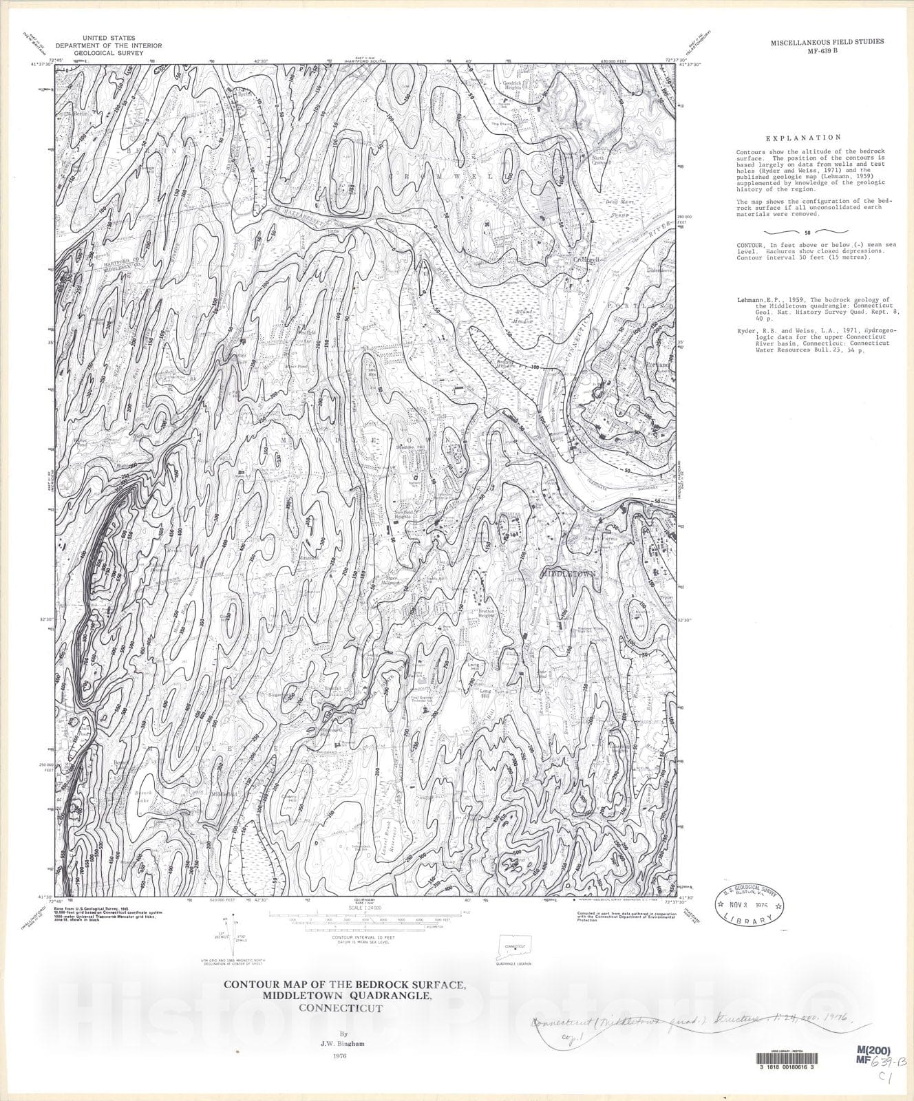 Map : Contour map of the bedrock surface, Middletown quadrangle, Connecticut, 1976 Cartography Wall Art :